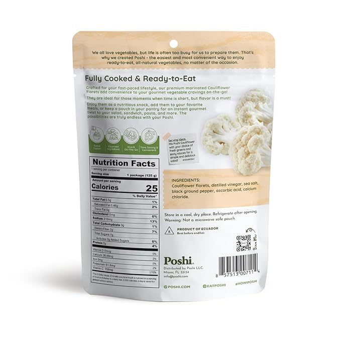 POSHI Marinated Cauliflower Florets with Salt + Black Pepper Natural, Keto, Vegan, Non GMO, Low Carb + Calorie, Gluten Free Ready to Eat Fully Cooked Vegetables, Pentry Food, Gourmet, 6 Pack, 4.4 oz