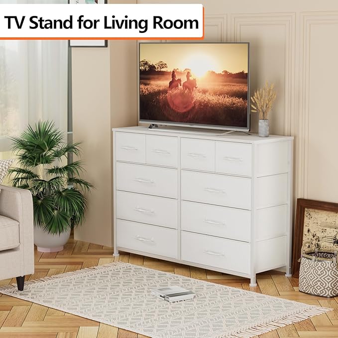 Furnulem Bedroom Dresser White for 55”Long TV Stand Entertainment Center Dressers & Chests of Drawers,10 Storage Fabric Drawer, Sturdy Metal Frame Tall Storage Cabinet for Living Room, Entryway