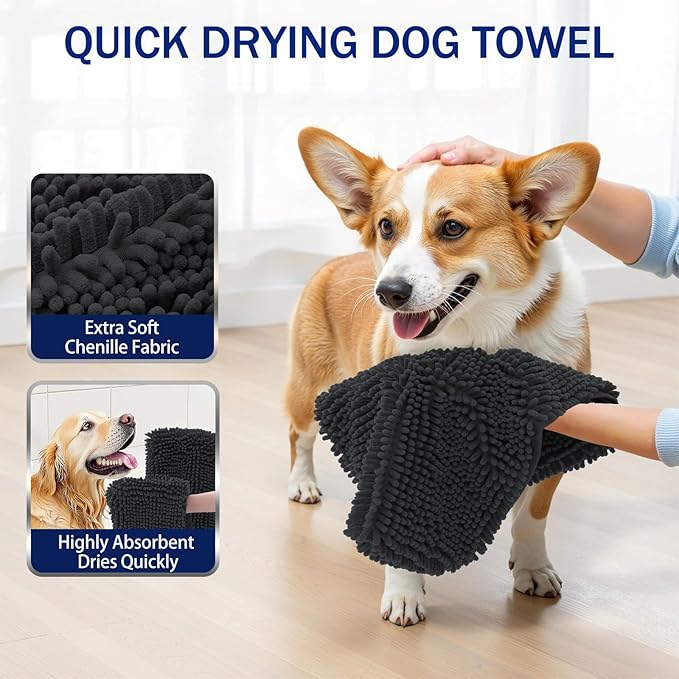 OLANLY Chenille Dog Bath Towel 31x13, Ultra Absorbent Quick Dry Pet Towel, Extra Soft Washable Plush Towel for Large Dogs & Puppies, Indoor Outdoor Use, Dark Grey