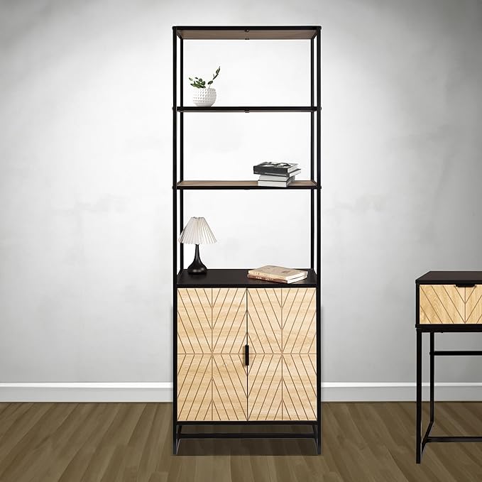 AC Pacific Bali Coastal Modern 6 Tier Bookshelf with Storage, Features Sleek Black Frame and Natural Wood Accents, Versatile Book Shelf and Display Solution for Bedroom and Living Room, 67" High