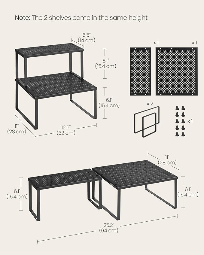 SONGMICS Spice Racks, Set of 2 Metal Cabinet Shelf Organizers, Countertop Organizers, Shelf Risers, Stackable, Expandable, Ink Black UKCS005B01