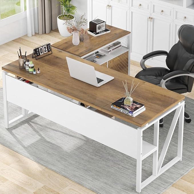 Tribesigns L Shaped Desk with Drawer,63" Executive Computer Desk and lateral File Cabinet, 2 Piece Home Office Furniture for Hanging File, Cabinet with Doors (Walnut, 63-inches)