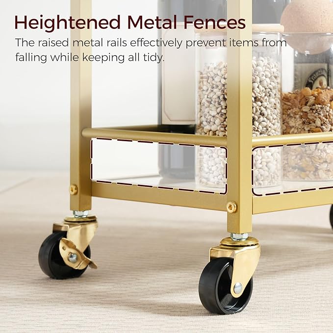 Bar Cart for The Home, 3-Tier Drink Cart on Wheels, Home Bar Serving Cart, Mini Bar Cart for Small Space, Kitchen, Dining Room, Gold RCJ40B01