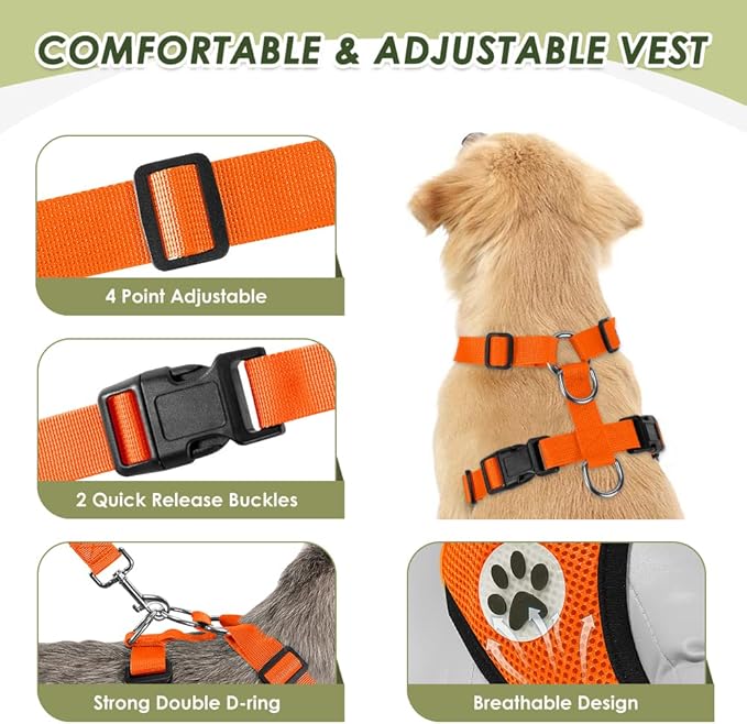 Lukovee Dog Seat Belt for Car, Adjustable Dog Car Harness for Large Medium Small Dogs, Soft Padded & Breathable Mesh Dog Seatbelt with Car Strap and Carabiner (Orange,L)