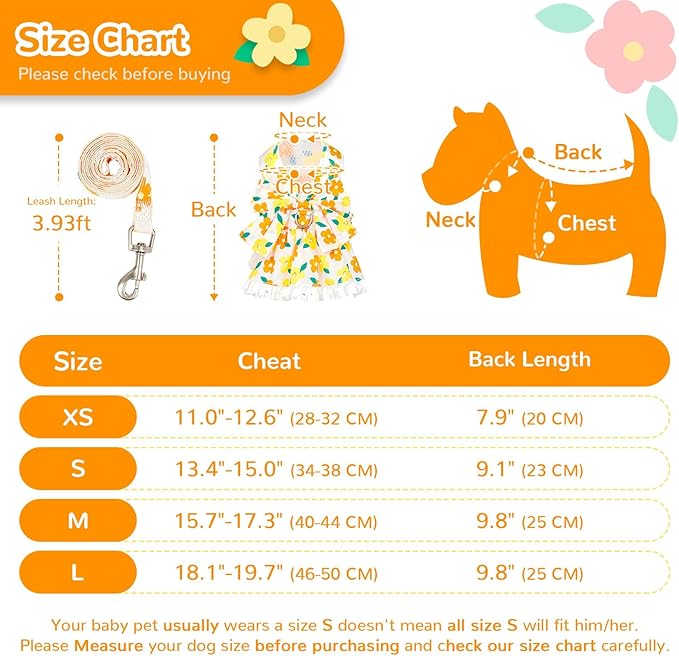 Dog Harness Dress Leash Set for Small Dog Summer Clothes Girl Female Puppy Cats Outfits Cute Floral Bowknot Princess Birthday Dress for Extra Small Pet Doggie Kitten Outfits Apparel(Yellow,S)