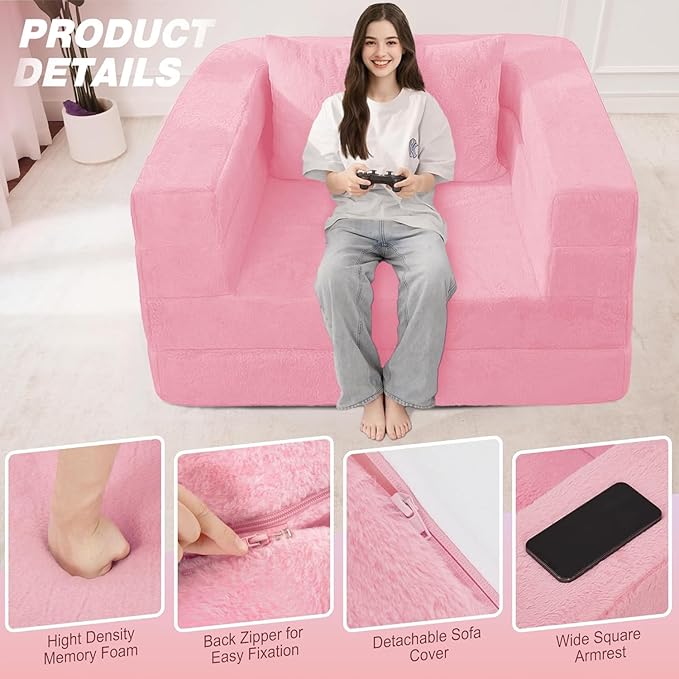 Futon Sofa Bed with Pillow, 3-in-1 Sleeper Sofa Bed with Removable Cover, Convertible Floor Sofa Bed, No Assembly Boneless Couch for Living Room, Bedroom