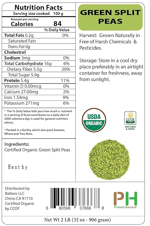 Organic Green Split Peas- Fiber & Protein rich, Raw, Non-GMO, Vegan Bulk-25LB