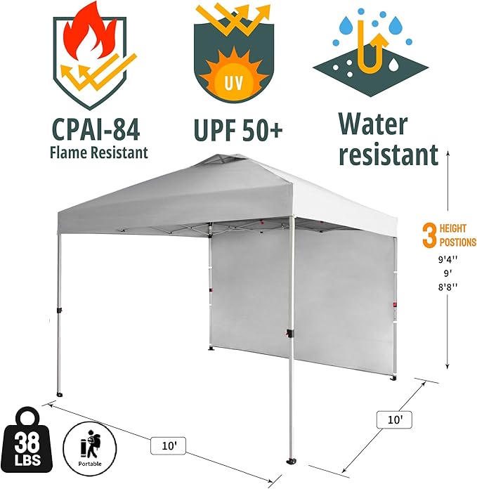 CROWN SHADES 10x10 Pop Up Canopy with 1 Side Wall - Beach Tent with One Push Setup - Outdoor Sun Shade for Events, Parties, Camping - Gazebo with STO-N-Go Cover Bag (White)