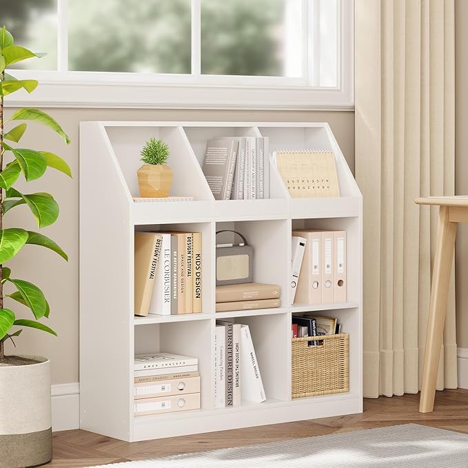 9-Cube Wooden Storage Bookcase - 11-Inch Open Shelf Cabinet, Simple Modern Bookshelf Organizer for Home Office, Living Room, White