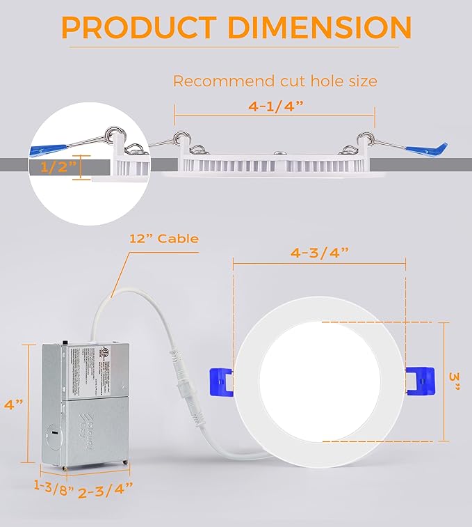 CLOUDY BAY 4 inch 3000K/4000K/5000K Three Color Temperature Selectable, Dimmable 10W CRI 90+,Ultra Thin Recessed Downlight with Junction Box, Canless Wafer Down Light, Damp Location,White Finish, 6PK