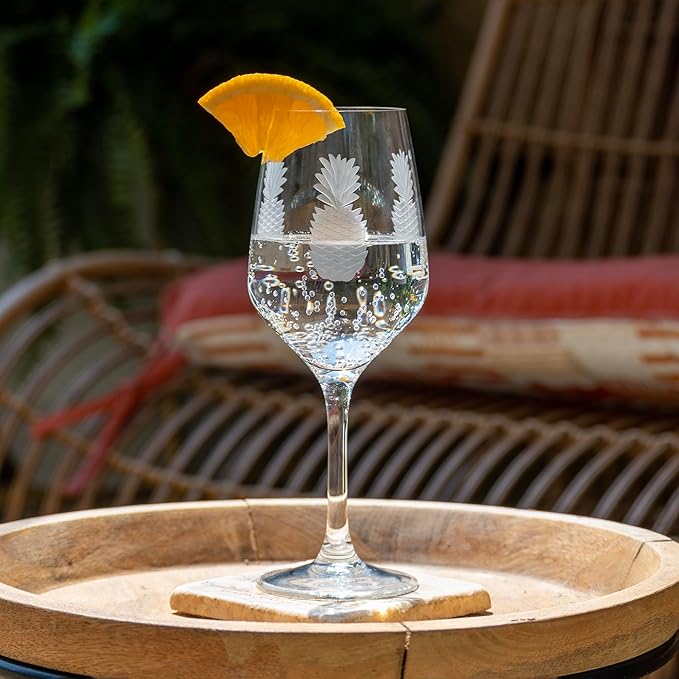Rolf Glass Fresh Pineapple White Wine Glass | 10.75oz | Lead-Free and Diamond-Wheel Engraved | Engraved in the US | Tropical Glassware with Etched Pineapple Design | Set of 4