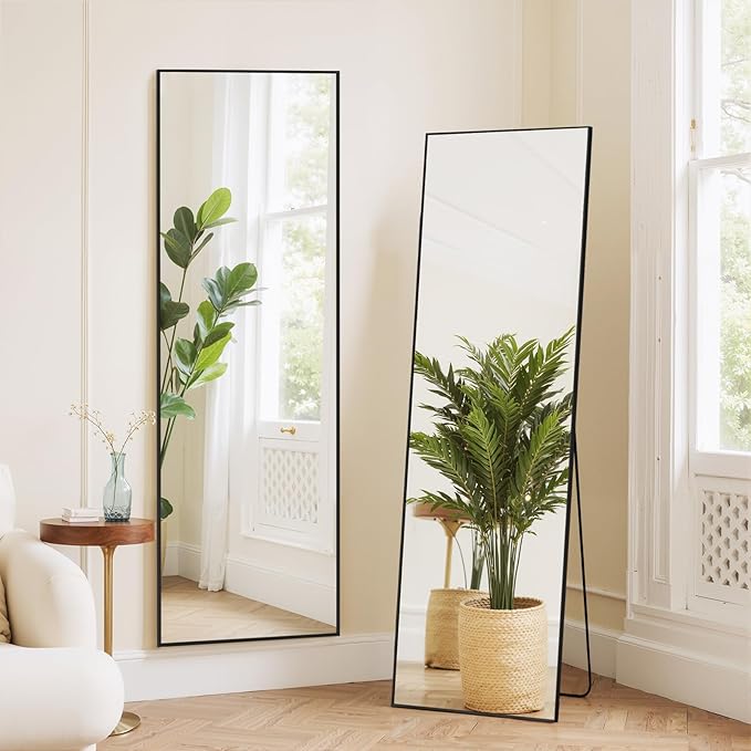 Mirror Full Length 59"x16" Rectangle Floor Mirror with Stand, Aluminum Alloy Frame & Shatterproof Glass Full Body Mirror, Freestanding Hanging or Leaning Wall Mirrors for Bedroom Closet Living Room