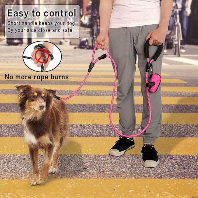 Rope Dog Leash 6ft Long,Traffic Padded Two Handle,Heavy Duty,Reflective Double Handles Lead for Control Safety Training,Leashes for Large Dogs or Medium Dogs,Dual Handles Leads(Pink)