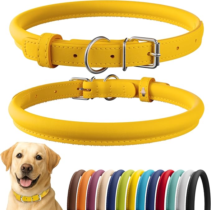 CollarDirect Rolled Leather Dog Collar, Soft Padded Round Puppy Collar, Handmade Genuine Leather Collar Dog Small Large Cat Collars 13 Colors (18-22 Inch, Yellow Smooth)