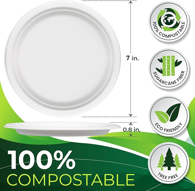 150pcs 100% Compostable Small Paper Plates (7 in), Heavy Duty, Eco Friendly Appetizer & Dessert Plates, Biodegradable Sugarcane Fiber