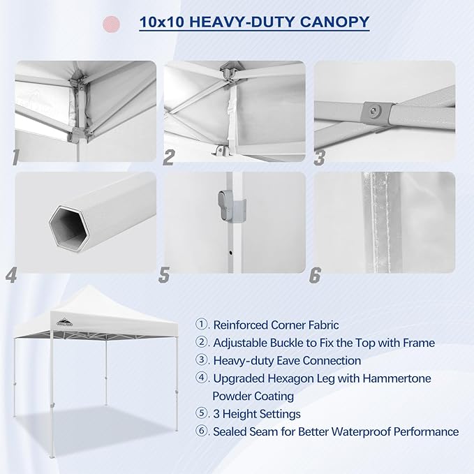 EAGLE PEAK 10x10 Heavy Duty Pop up Commercial Canopy Tent, Instant Marketplace Sun Shelter with Roller Bag and 4 Sandbags, White