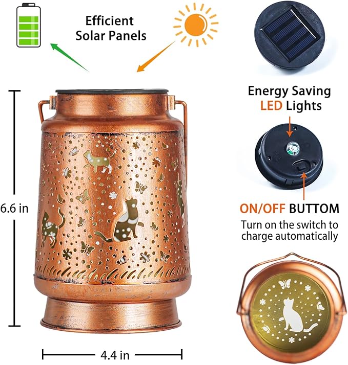Cat Solar Lanterns Outdoor Waterproof Hanging Solar Lights Cat Gifts for Women Men Metal Decorative LED Lanterns for Yard, Patio, Lawn, Tabletop, Pathway, Landscape, Garden Decor, Cat Lovers Gifts