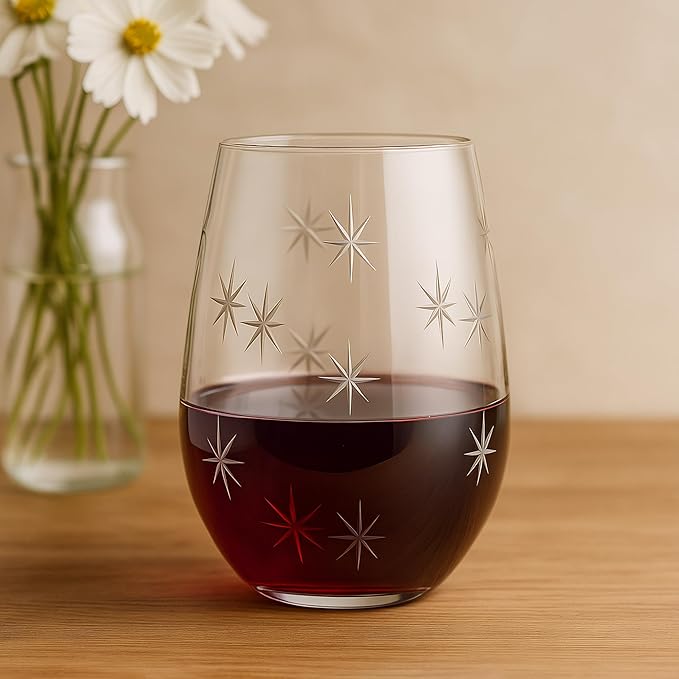 SHOSHIN Stemless Wine Glasses Set of 4 – 18oz Hand-Cut Lead-Free Crystal with Exquisite Star Pattern, Dishwasher Safe, Perfect for Parties and Weddings