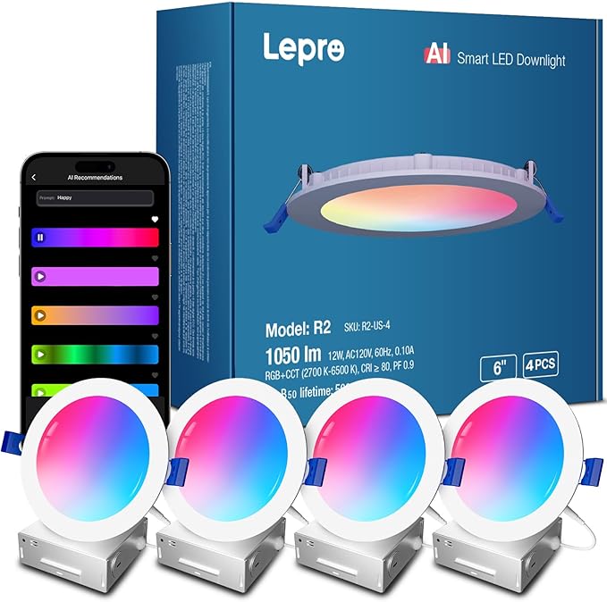 Lepro R2 AI Smart LED Recessed Lighting 6 Inch, RGBCW APP Control Ceiling Lights, Alexa & Google Compatible, 12W 1050LM Slim Canless Downlight, Personalized AI Lighting Designer, 2.4GHz WiFi, 4-Pack