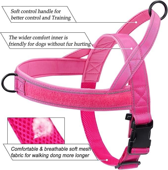 No Pull Dog Harness Pink for Small Medium Large Sized Dog, Reflective Escape Proof Adjustable Dog Harnesses with 2 Patch, L