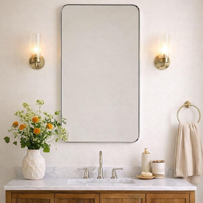GRACTO 24x40'' Polished Nickel Metal Framed Bathroom Mirror for Wall in Stainless Steel Rounded Rectangular Bathroom Vanity Mirrors Wall Mounted
