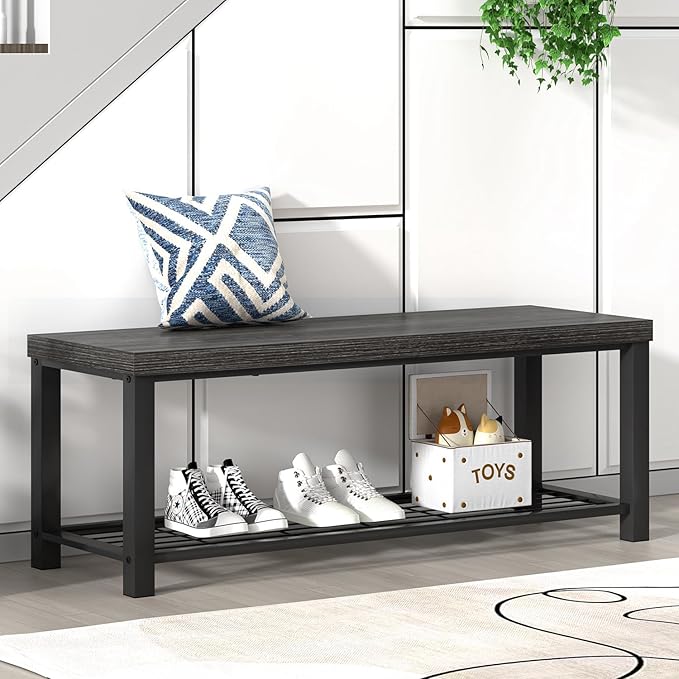 FOLUBAN Shoe Storage Bench, Modern Entryway Bench with Metal Shelf, Industrial Indoor Shoe Bench Seat for Bedroom, Hallway, Living Room, Dark Gray, 47 Inch