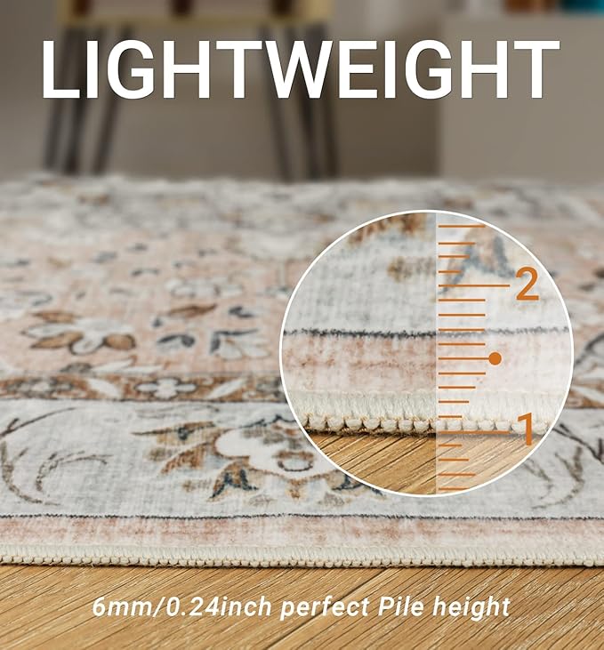 5x7 Area Rugs for Living Room,Stain Resistant Washable Rug,Non-Slip Backing Rugs for Bedroom,Kitchen,Printed Vintage Home Decor Rug (Peach/Gray, 5'x7')