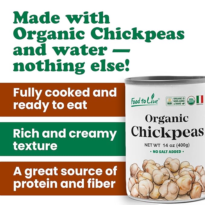 Food to Live Organic Canned Chickpeas, 14 oz (Pack of 8) - Unsalted Non-GMO Garbanzo Beans. Vegan. USDA Certified Organic. Good Source of Fiber and Protein. Wholesale. Made in Italy