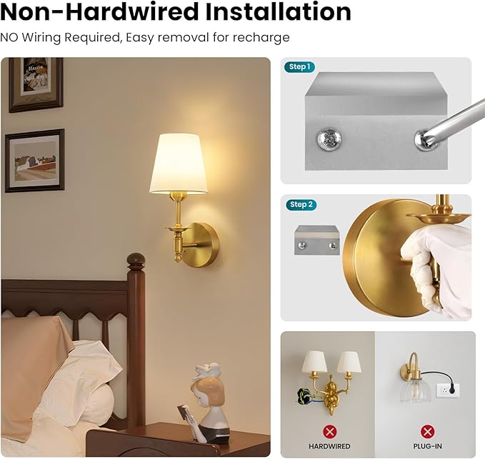 WOSHITU Battery Operated Wall Sconce: Brass Sconces Set of 2 with 2 Remote & 2 Dimmable Bulb Brushed Gold Rechargeable Cordless Sconces Wall Decor Set of Two Wall Light for Bedroom Living Room