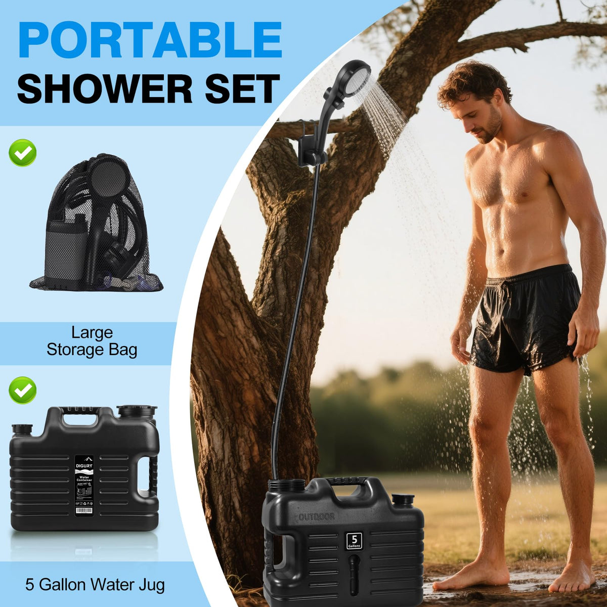 Portable Camping Shower with 5 Gallon Water Jug, 6000mAh Rechargeable Outdoor Camping Shower Kit, IPX7 Waterproof Pump BPA Free Water Containers Camp Essentials Black