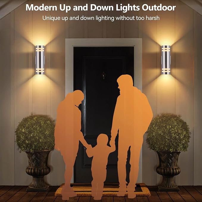 Dusk to Dawn Outdoor Wall Lights 2 Pack, Up Down Stainless Steel Exterior Lighting Fixtures with Photocell Sensor, Waterproof Outdoor Sconce Lights for House Porch Garage Patio, LED Bulbs Included