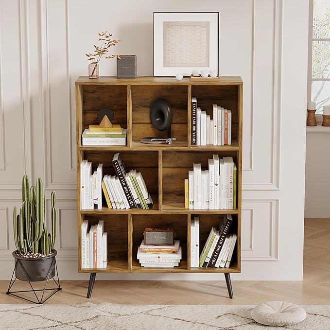 8 Cube Bookshelf 3 Tier Mid-Century Rustic Brown Modern Bookcase with Legs,Retro Wood Book Shelf Storage Organizer Shelf,Freestanding Organizer Display Shelf for Bedroom,Living Room,Office