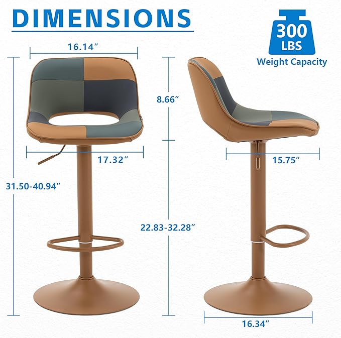 YOUNIKE Bar Stools Set of 2, Boho Colorful Patchwork Barstools, Adjustable Swivel Counter Height Bar Stool Faux Leather Upholstered Barstool with Back, Compact Bar Chair for Kitchen Island, TanGreen