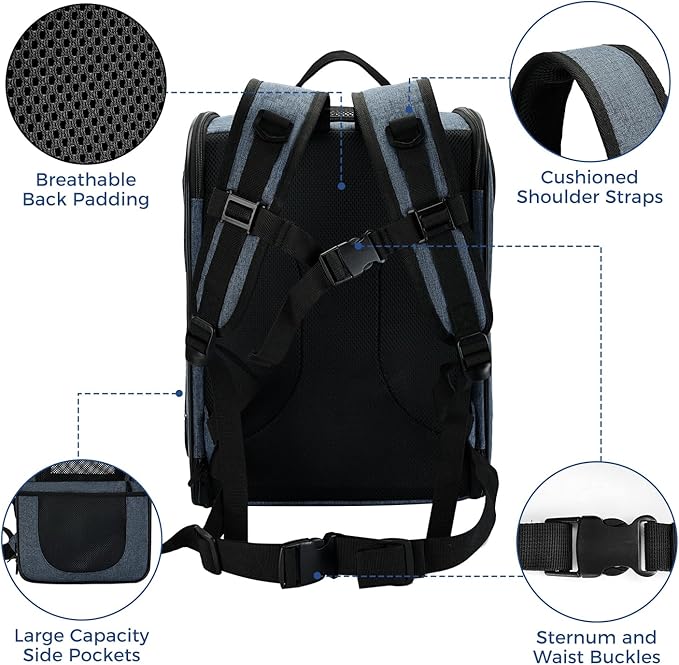 Apollo Walker Dog & Cat Carrier Backpack for 4-18lb Pets - Ventilated Safe Design with Padded Back Support, Breathable Mesh Pet Backpack for Hiking, Travel, Outdoor (Navy)