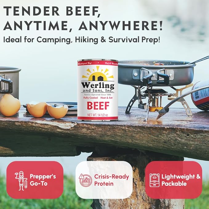 Werling Meat Canned Beef 14.5 Oz ??Fully Cooked, Heat & Eat | Shelf Stable Canned Meat for Pantry Staples, Everyday Meals, Camping, Hiking, Emergency & Survival | 5-Year Shelf Life | Pack of 12