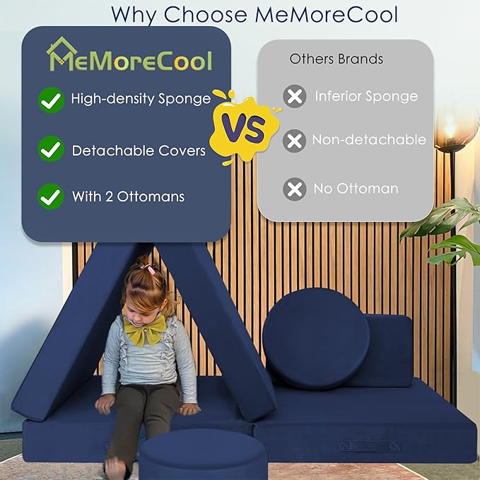MeMoreCool Modular Kids Couch for Playroom, Navy Foam Play Couch for Toddlers, Building Fort Explorer Sofa