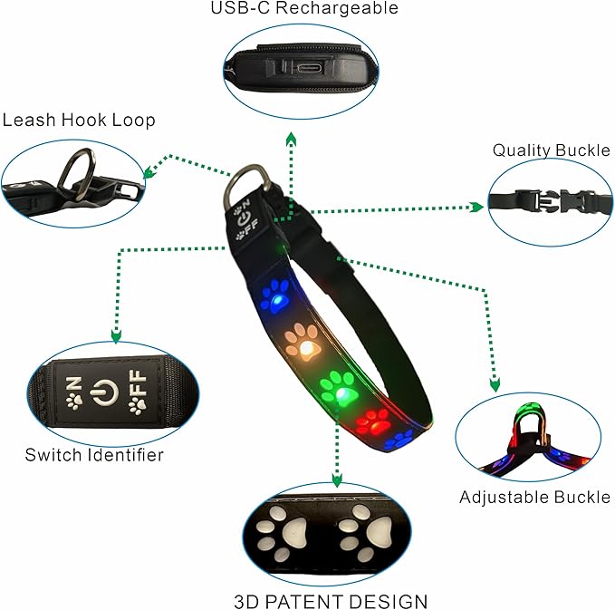 LED Light Up Dog Collar, USB-C Rechargeable, Multicolor Paw Print Design, 15 Modes Lighting Night Safety (Black Pro, XL(19.7-23.6"))