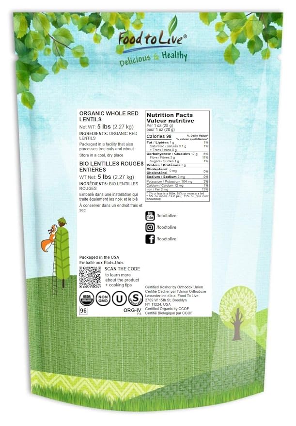 Food to Live Organic Whole Red Lentils, 5 Pounds Non-GMO, Dry Raw Lentils, Sproutable, Vegan, Kosher, Bulk. Easy to Cook. Good Source of Folate, Fiber, and Protein. For Lentil Soup, Stews, and Curry