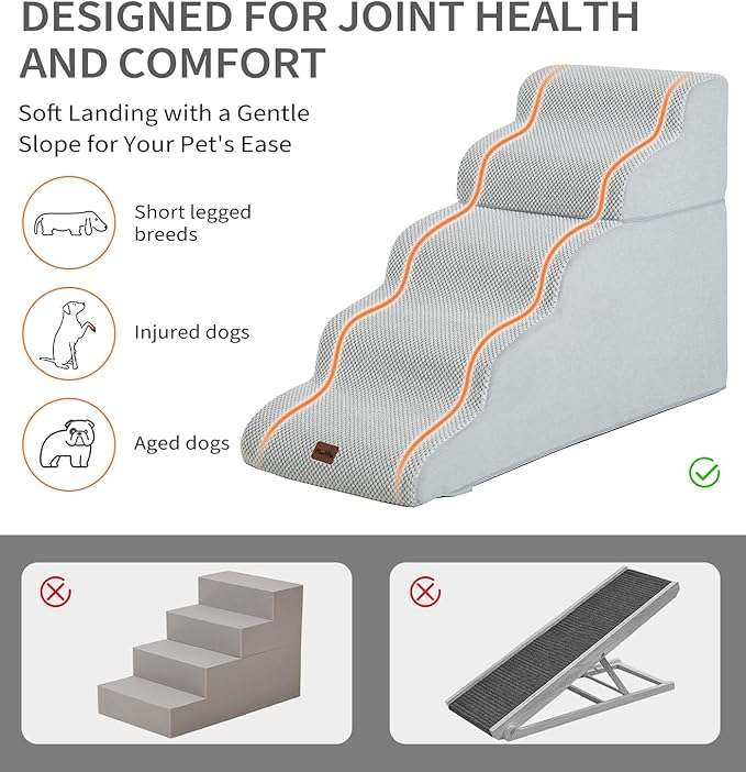 Made4Pets Dog Stairs Ramp for High Bed 22.8" H, 5-Step Pet Stairs for Bed Couch Sofa Climbing, 35D Foam Pet Steps for Small Dogs and Cats, Non-Slip Bottom Dog Steps, Light Grey