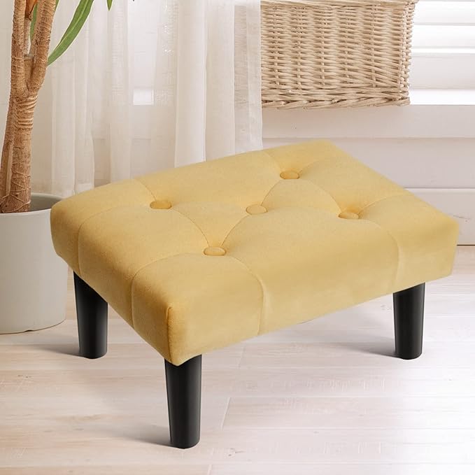 HOUCHICS Small Footstool Ottoman,Velvet Soft Footrest Ottoman with Wood Legs,Sofa Footrest Extra Seating for Living Room Entryway Office(Yellow 1PACK)