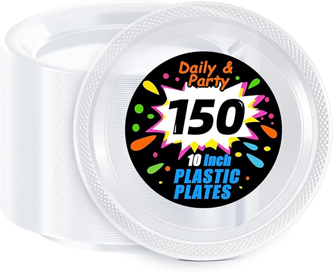 WELLIFE Clear Party Plates 10 Inch -150 Count for Party, Disposable Plastic Dinner Plates for Birthday Wedding Engagement Easter
