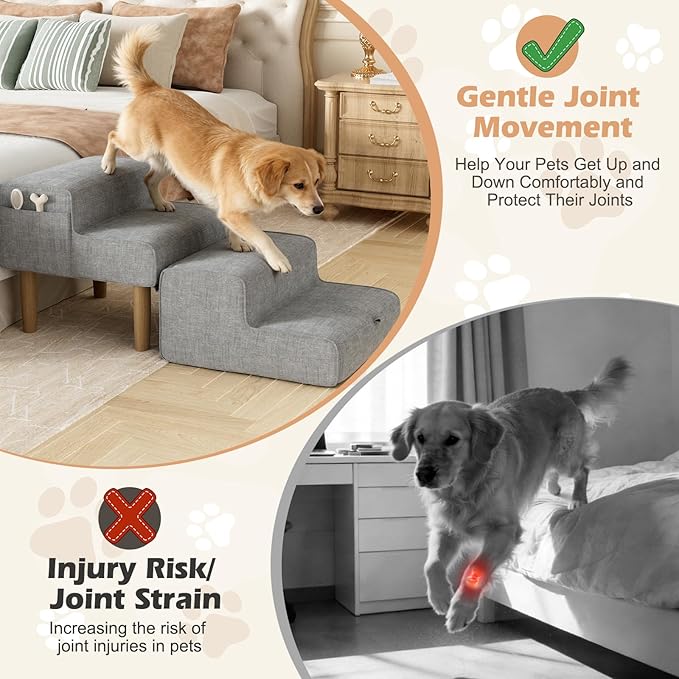 PakaLife Dog Ramp Ottoman,2-in-1 Dog Steps for Bed&Couch,Foldable Solid Wood Pet Ramps&Dog Stairs for Small,Medium Senior Dogs & Old Cats to get on Bed,Washable Cover,135lb Capacity