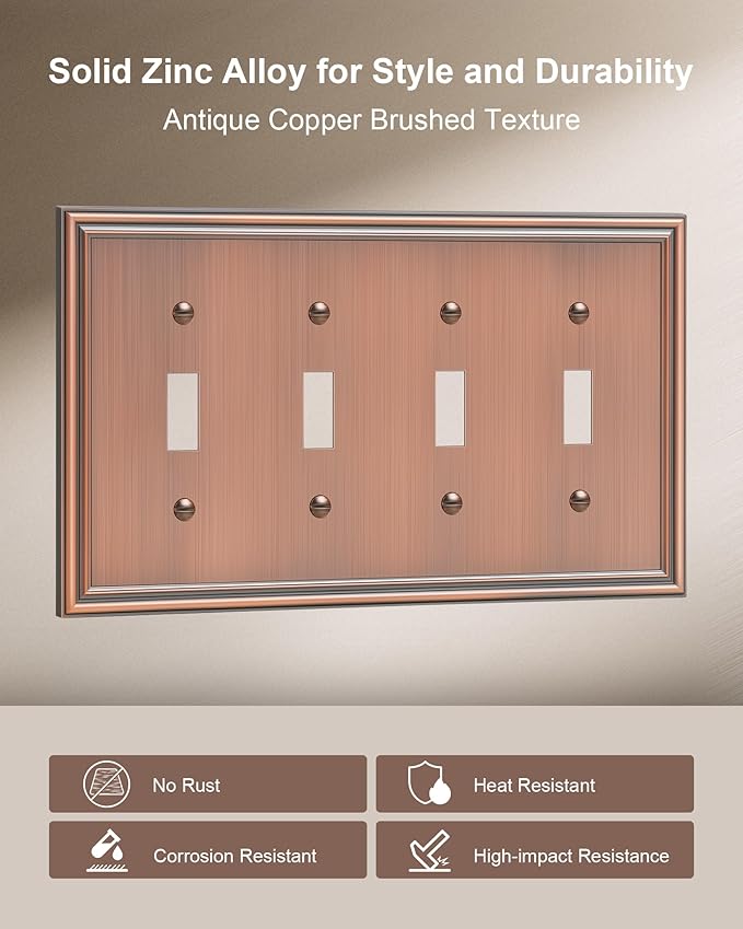 2-Pack Quad Toggle Light Switch Cover Plate, Durable Zinc Alloy Decorative Switch Plate Covers, Antique Copper 4 Gang Wall Plate for Toggle Light Switch and Rotary Dimmer Switch