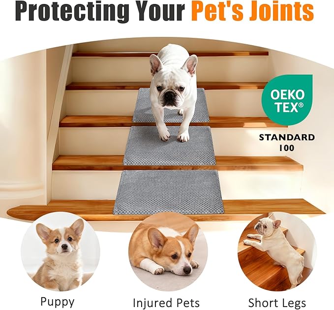 Dog Ramp for Stairs for Small & Senior Dogs and Cats – Non-Slip Stair Wedges for Dogs with Gentle Slope, Pet Ramp with Washable Cover & Self-Sticky Pads for Safe Climbing (Gray, 3 Pack)