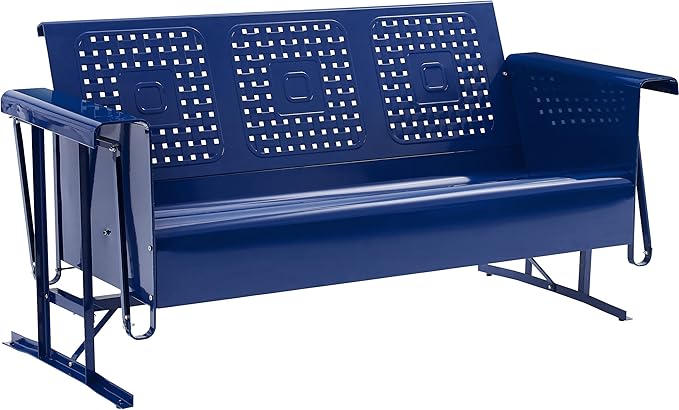 Crosley Furniture Bates Retro Metal Outdoor Sofa Glider, 3-Person Rocking Patio Bench for Porch, Deck, Navy Gloss