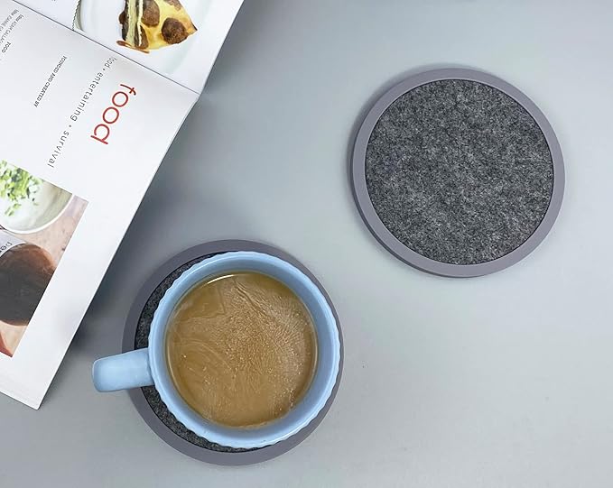 Absorbent Coasters for Drinks - 6packs, Silicone Coasters with Soft Felt Insert (4.3inch, Grey and Black)