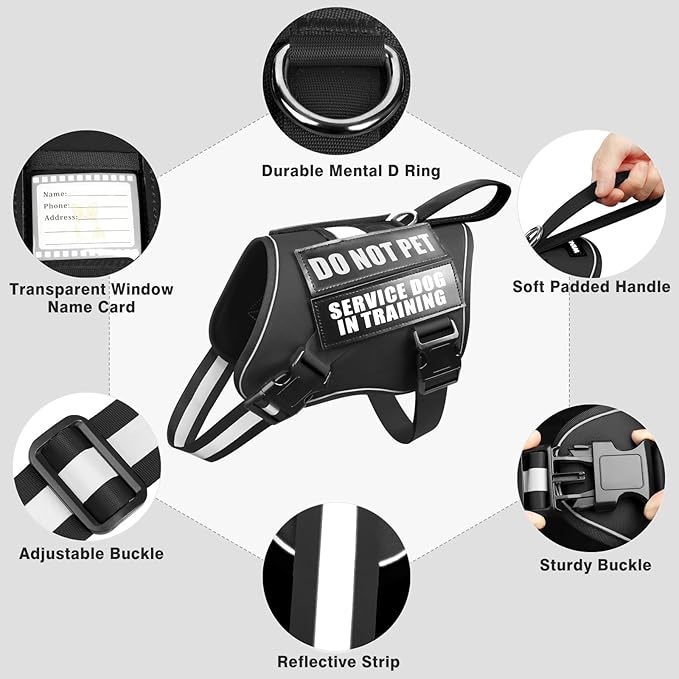 WINSEE Dog Harness & Leash Set, Medium, Black - Reflective, Adjustable, W/ 10 Patches for Service, Therapy Dogs, Extra Durable