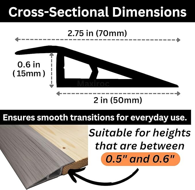 1/2" to 3/5" Height Threshold Ramp - Rubber Threshold, Floor Transition Strip, Door Strip, Wheelchair Ramp, Carpet to Tile Strip (Gray Oak Ash, 80 inches)
