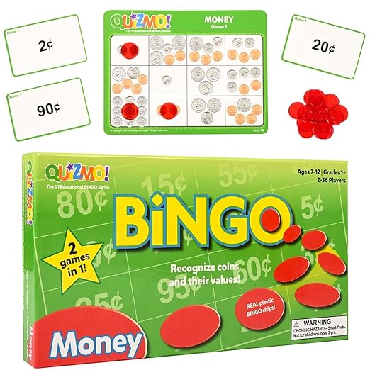 QUIZMO Money - Bingo-Style Money Game - 2 Levels of Difficulty for Ages 7-12 - Teach Basic Coin Recognition and Valuation