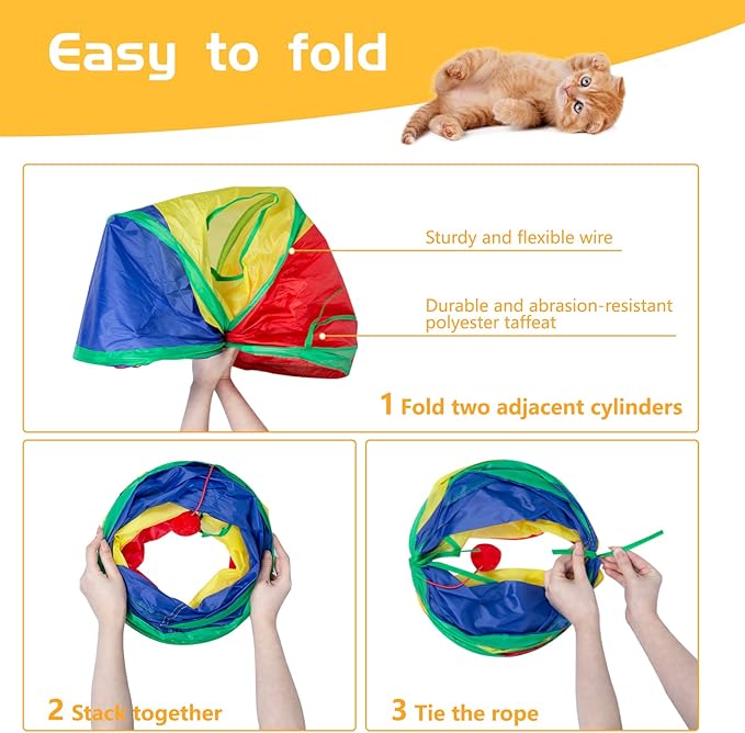 Sheldamy Cat Tunnel, 2-Way Cat Tunnels for Indoor Cats, Collapsible Cat Play Tunnel, Interactive Toy Maze Cat House with 1 Play Ball for Cats, Puppy, Kitty, Kitten, Rabbit (Rainbow)…